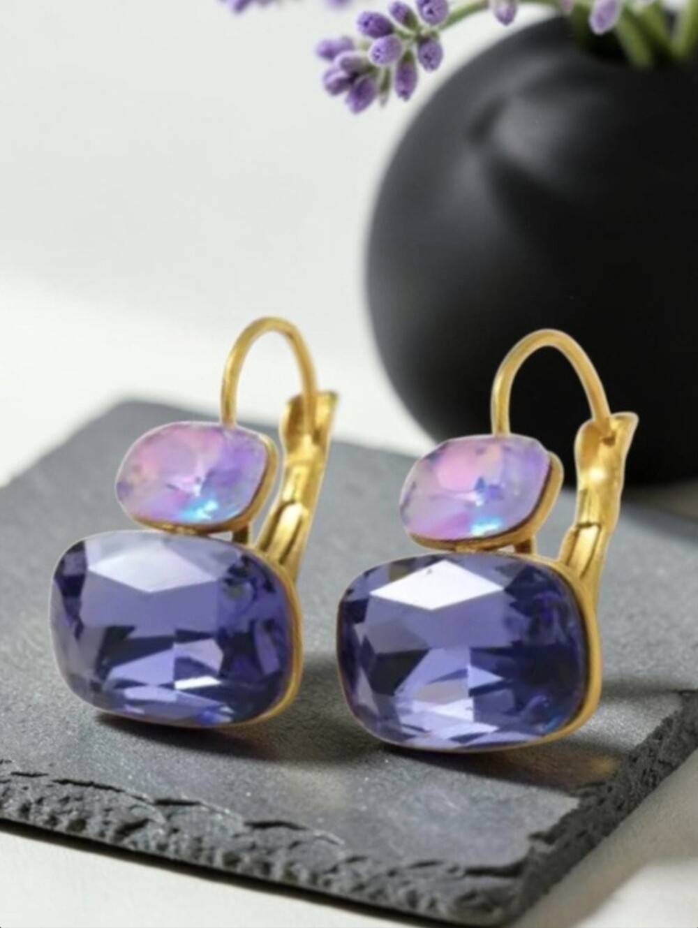 18k Gold Plated AB Lavendar & Amethyst Crystal Earrings